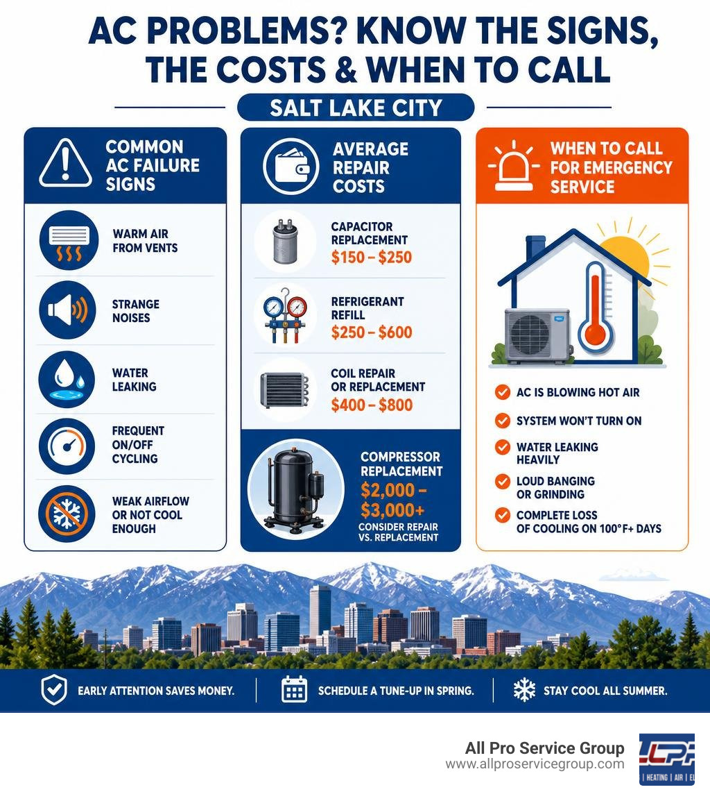 Infographic showing common AC failure signs, average repair costs, and when to call for emergency service in Salt Lake City