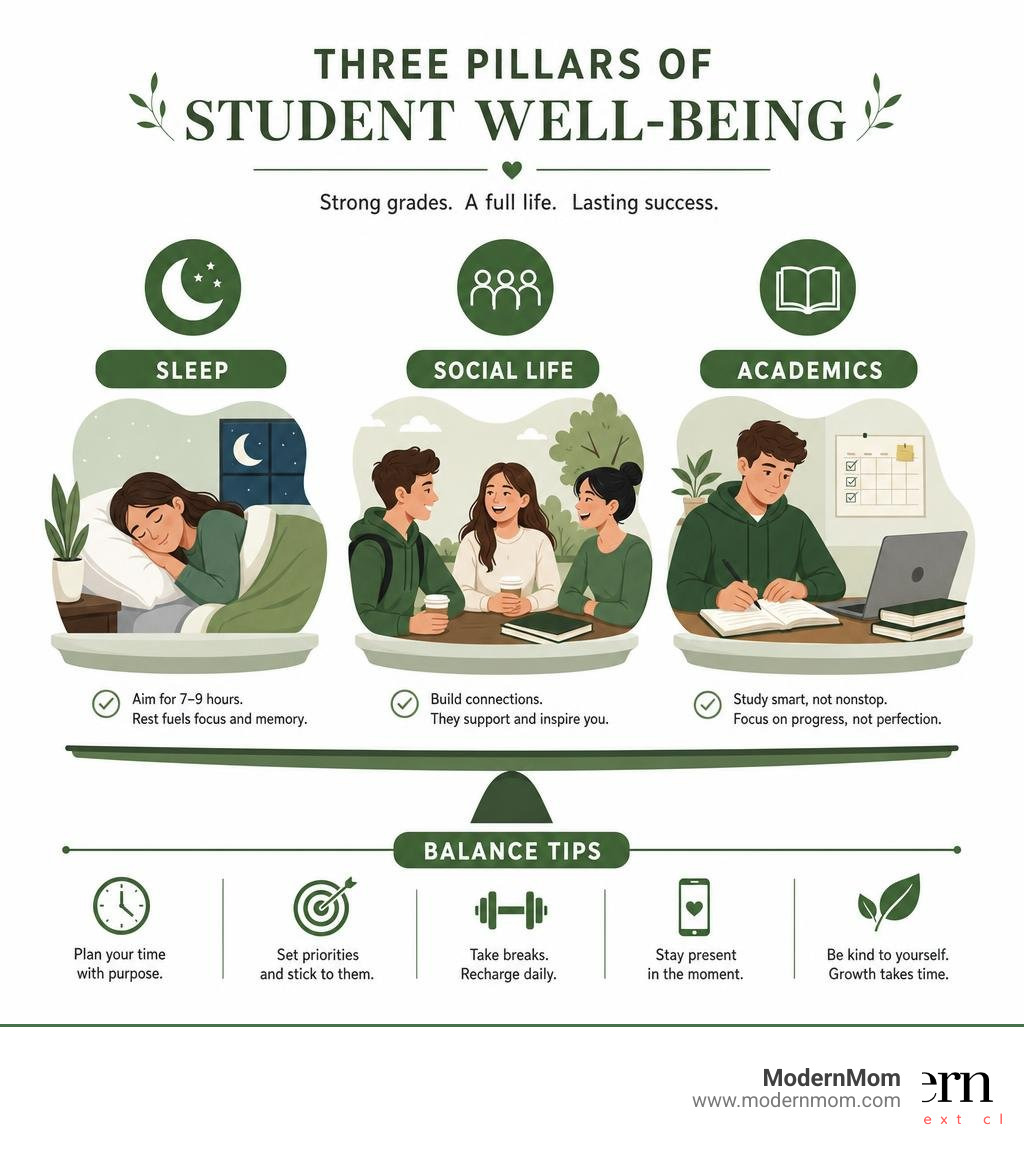 Three pillars of student well-being: sleep, social life, and academics with balance tips infographic Three pillars of student well-being: sleep, social life, and academics with balance tips infographic