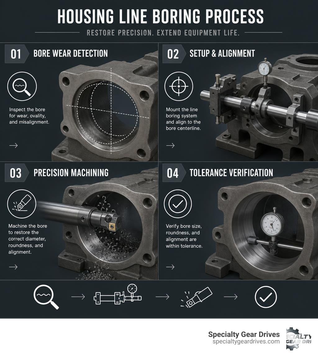 Step-by-step housing line boring process infographic showing bore wear detection, setup, machining, and tolerance Step-by-step housing line boring process infographic showing bore wear detection, setup, machining, and tolerance