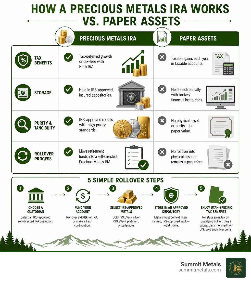 How a precious metals IRA works vs paper assets: tax benefits, storage, purity, rollover steps infographic How a precious metals IRA works vs paper assets: tax benefits, storage, purity, rollover steps infographic