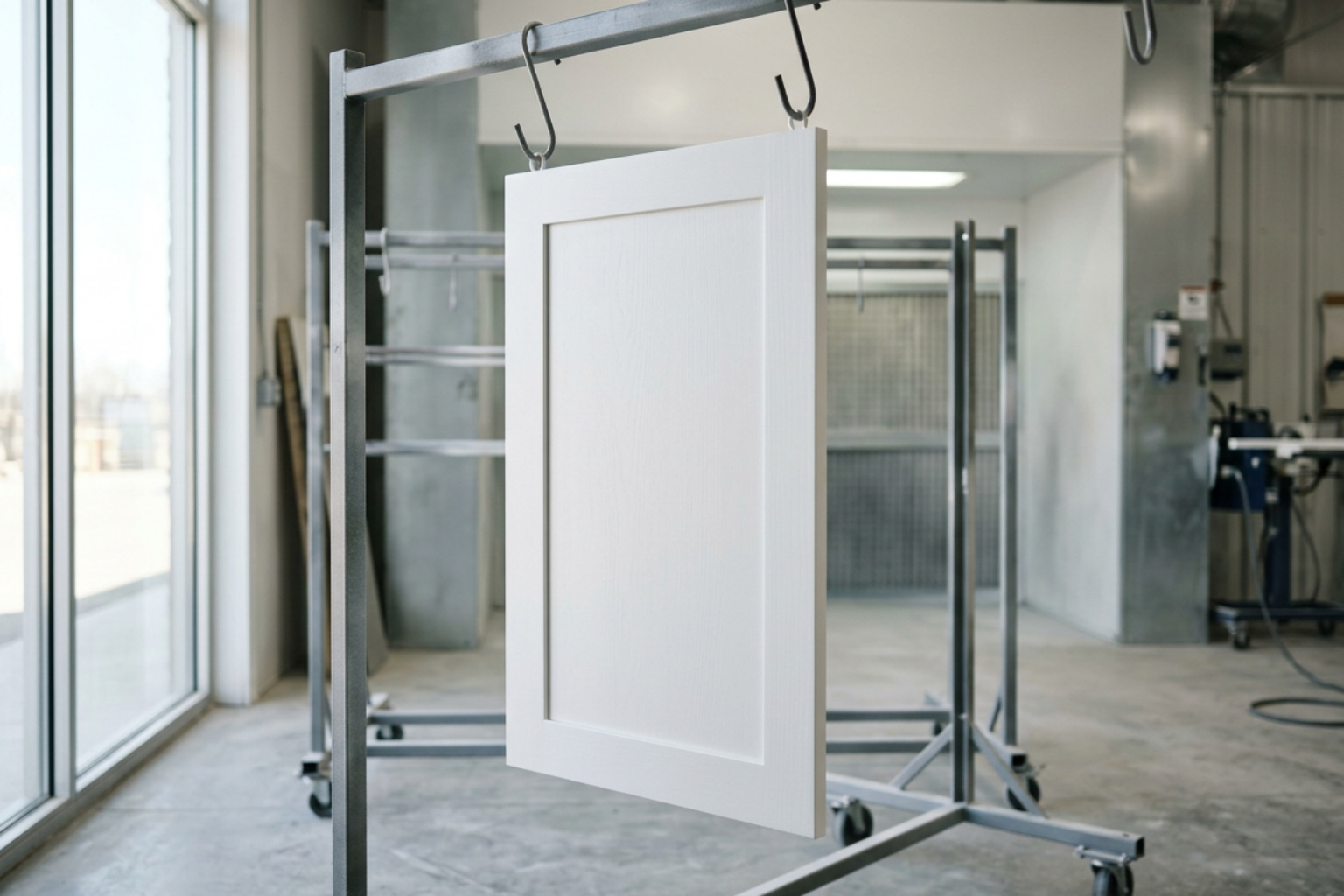 Sprayed cabinet door drying in a dust-free environment cabinet refinishing