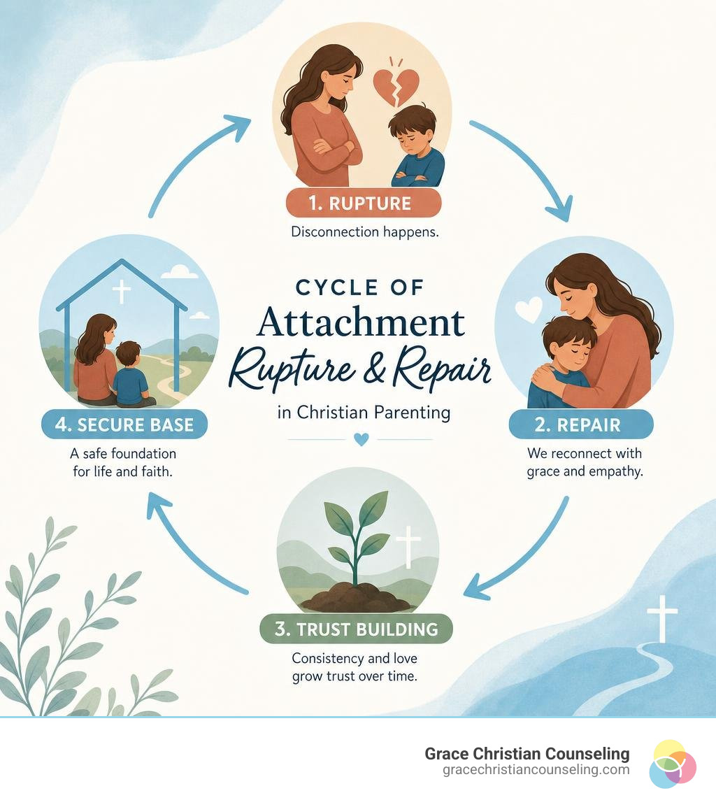 Cycle of attachment rupture and repair in Christian parenting: rupture, repair, trust building, secure base infographic