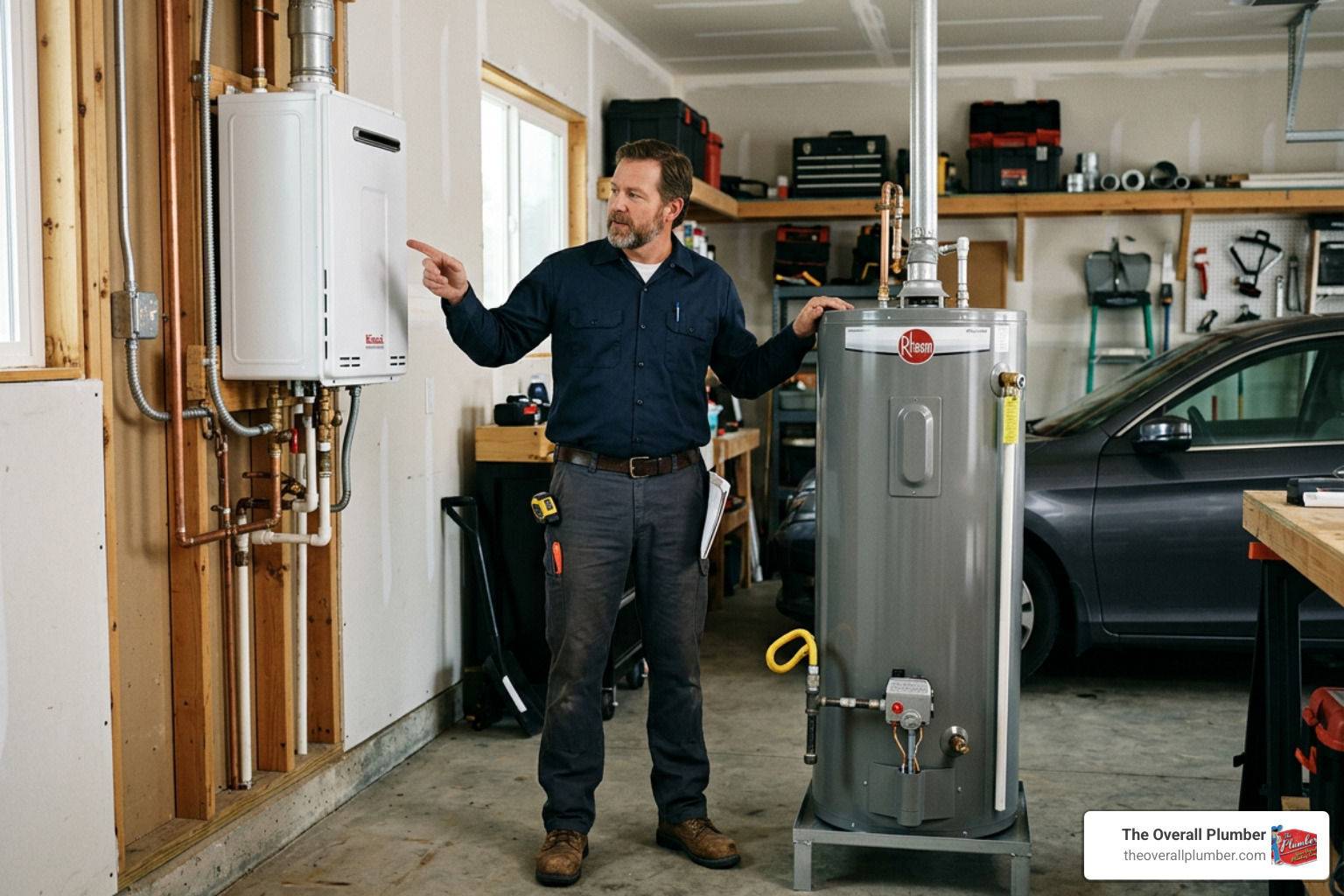 technician comparing a tankless water heater with a traditional tank technician comparing a tankless water heater with a traditional tank