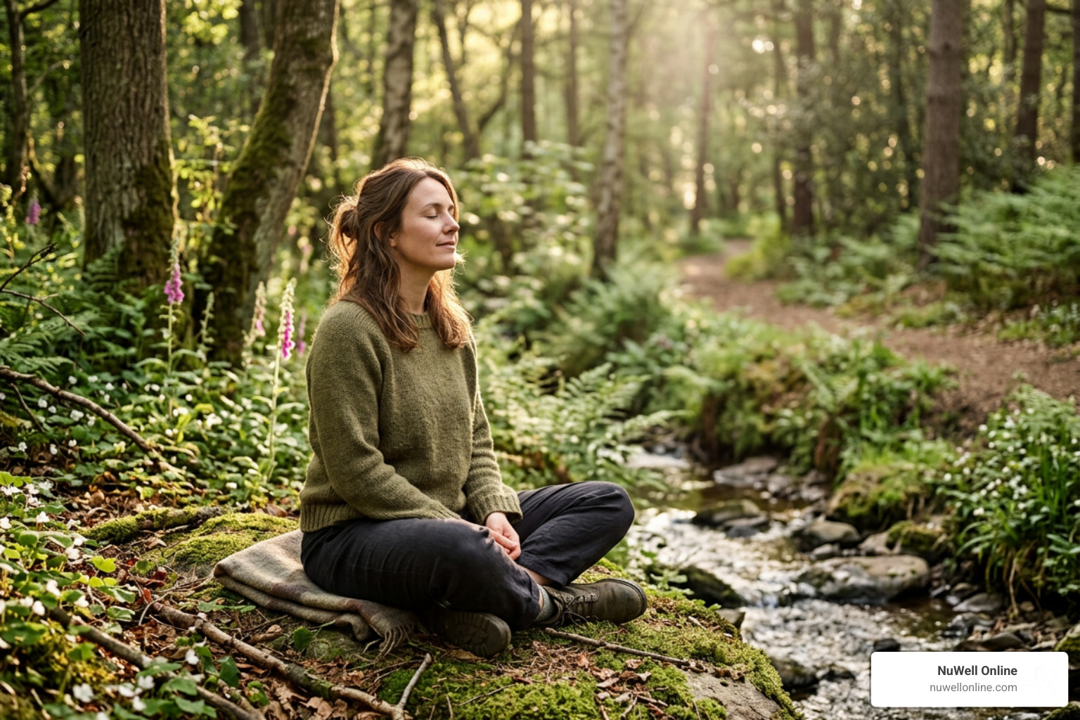 A person finding solace and emotional healing in a quiet, sunlit forest