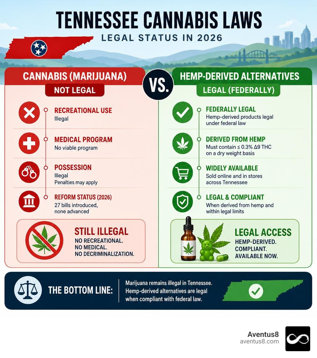 Infographic showing Tennessee cannabis legal status vs hemp-derived alternatives in 2026 infographic Infographic showing Tennessee cannabis legal status vs hemp-derived alternatives in 2026 infographic