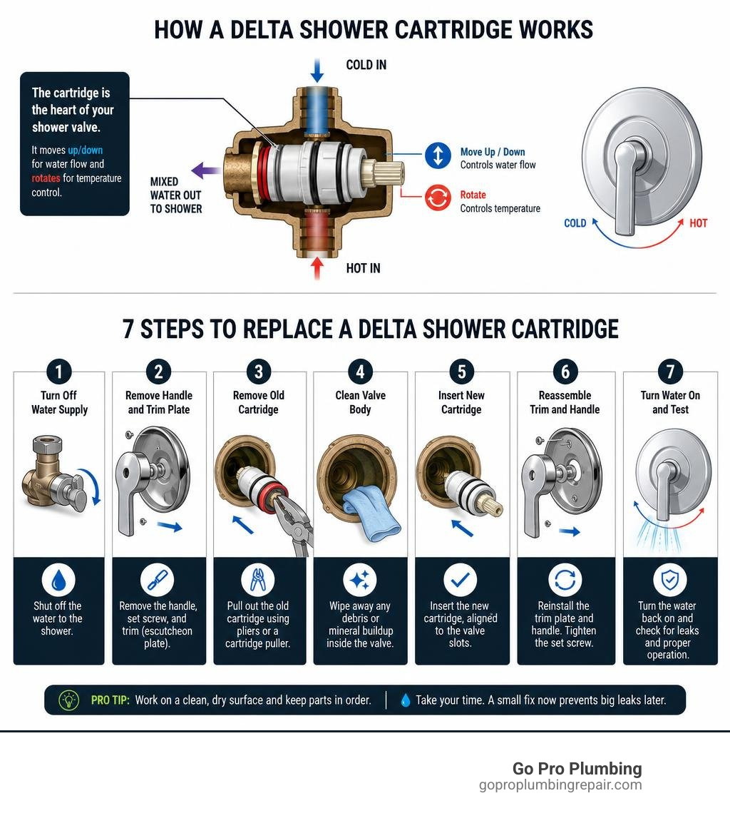 Infographic showing how a Delta shower cartridge works and the 7 steps to replace it infographic Infographic showing how a Delta shower cartridge works and the 7 steps to replace it infographic