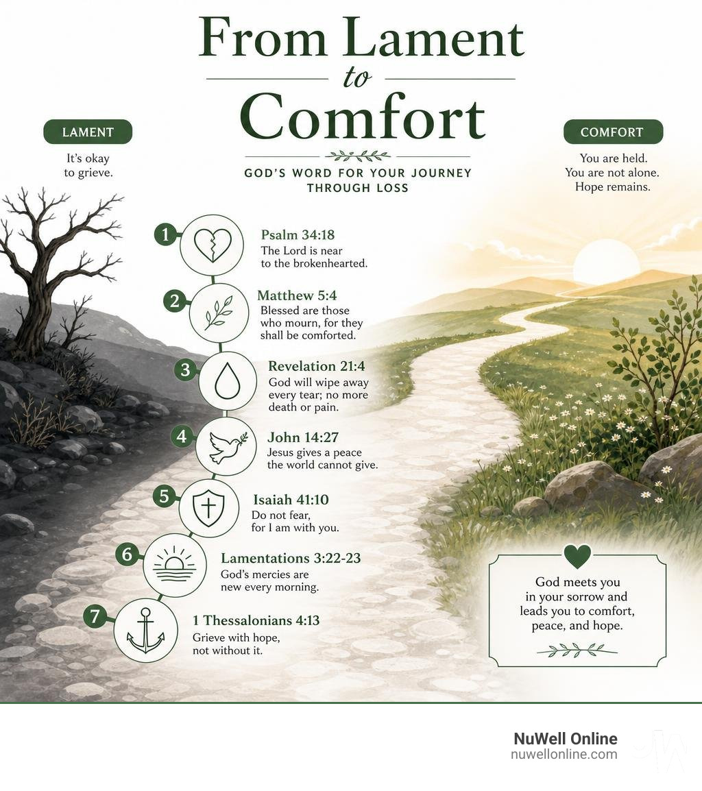 Infographic showing biblical path from lament to comfort with key verses and themes infographic