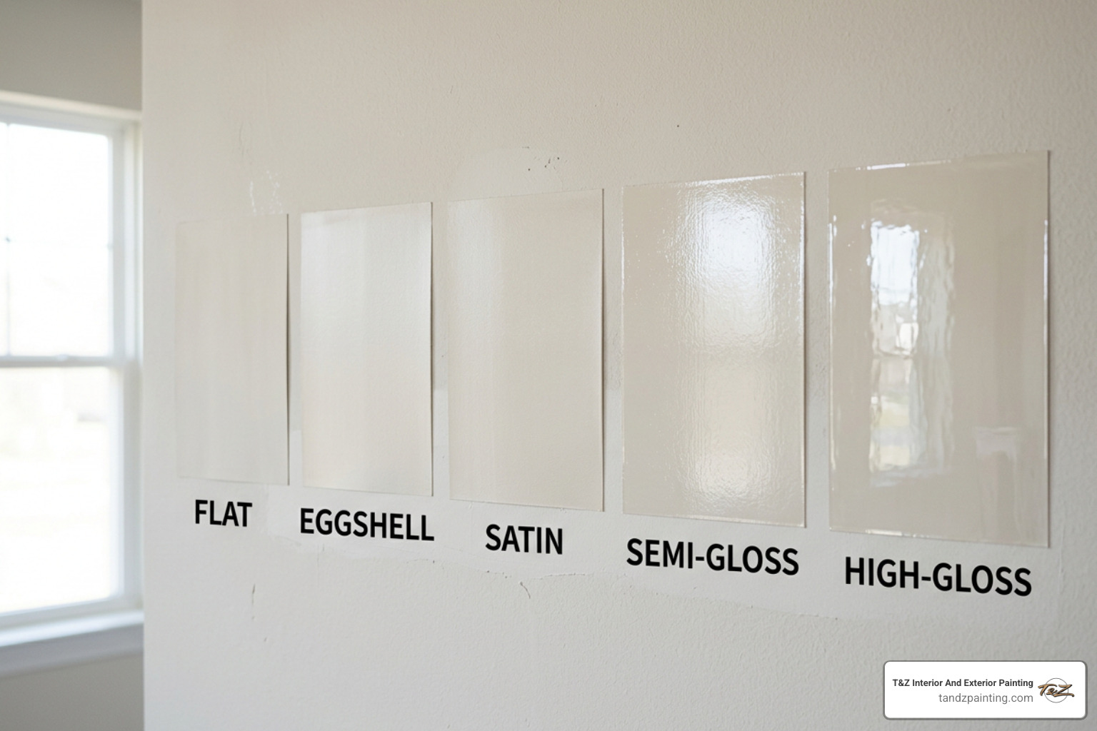 paint sheen swatches under natural light
