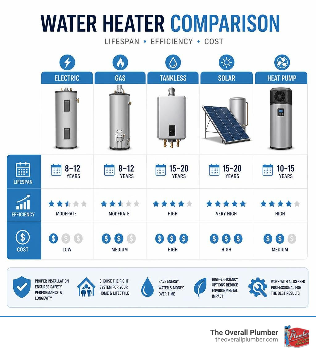Infographic comparing lifespan, efficiency, and cost of electric, gas, tankless, solar, and heat pump water heaters Infographic comparing lifespan, efficiency, and cost of electric, gas, tankless, solar, and heat pump water heaters