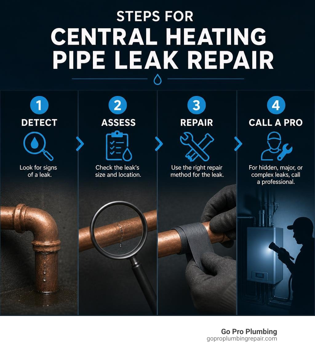 Steps for central heating pipe leak repair: detect, assess, repair or call a pro infographic Steps for central heating pipe leak repair: detect, assess, repair or call a pro infographic