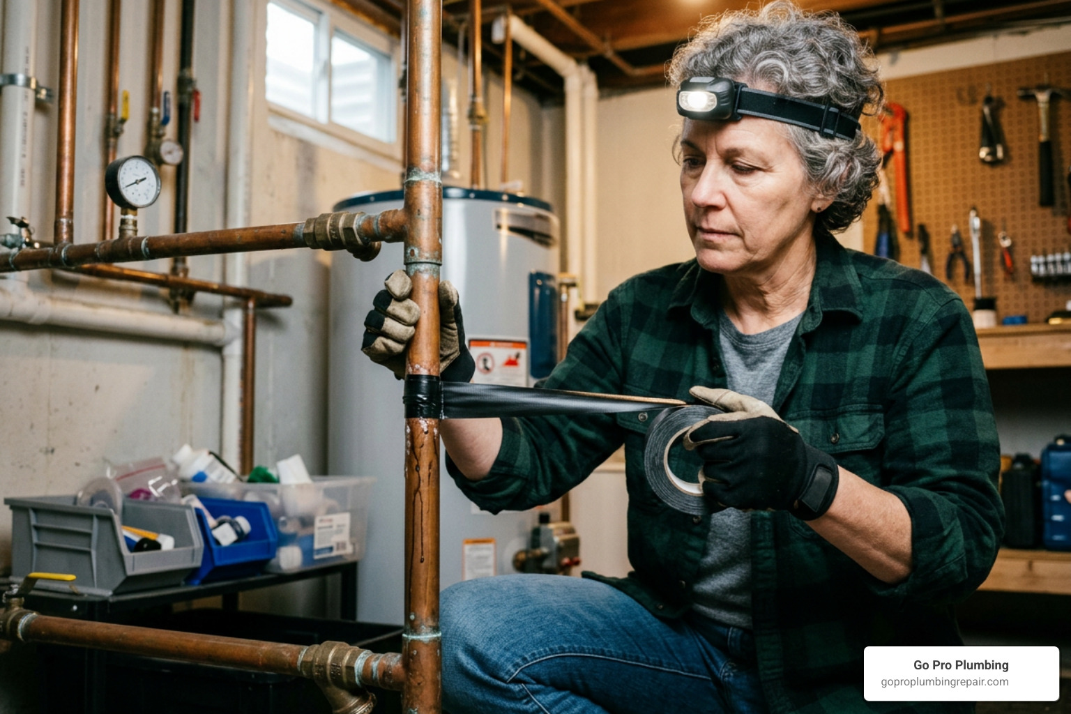 homeowner applying repair tape to a copper pipe homeowner applying repair tape to a copper pipe