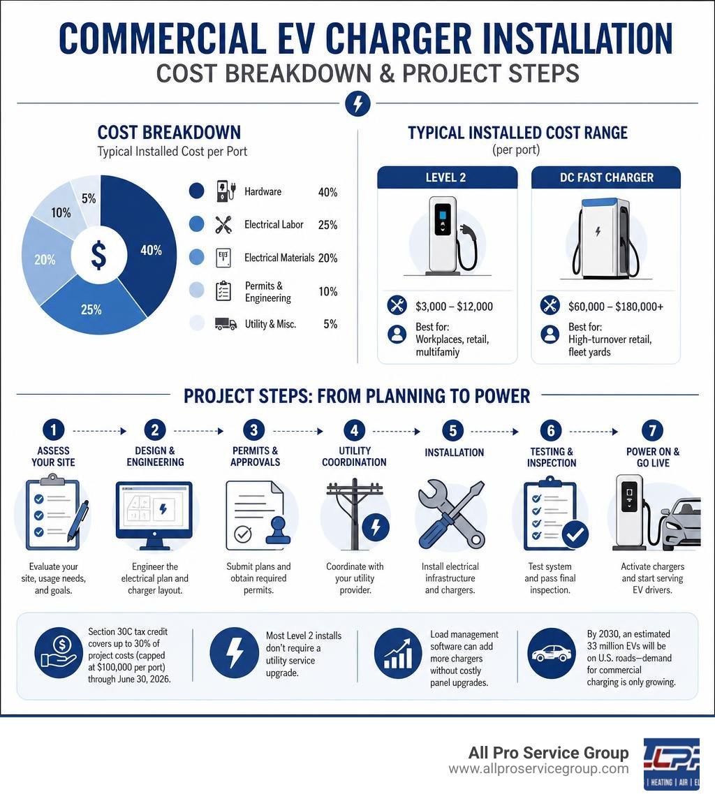 Commercial EV charger installation cost breakdown and project steps infographic infographic