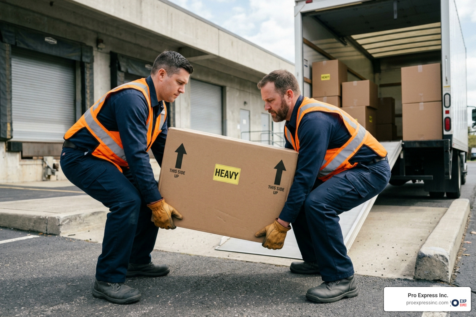 Two-man delivery team lifting heavy freight safely Two-man delivery team lifting heavy freight safely