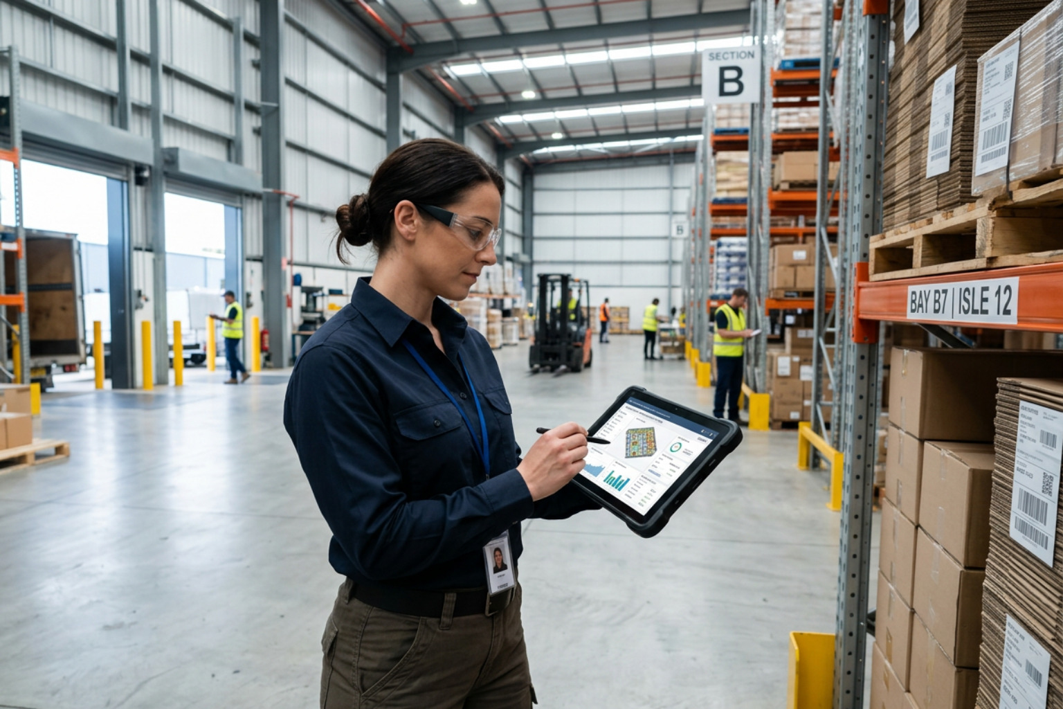 A warehouse manager reviewing real-time inventory dashboards on a tablet in a clean facility