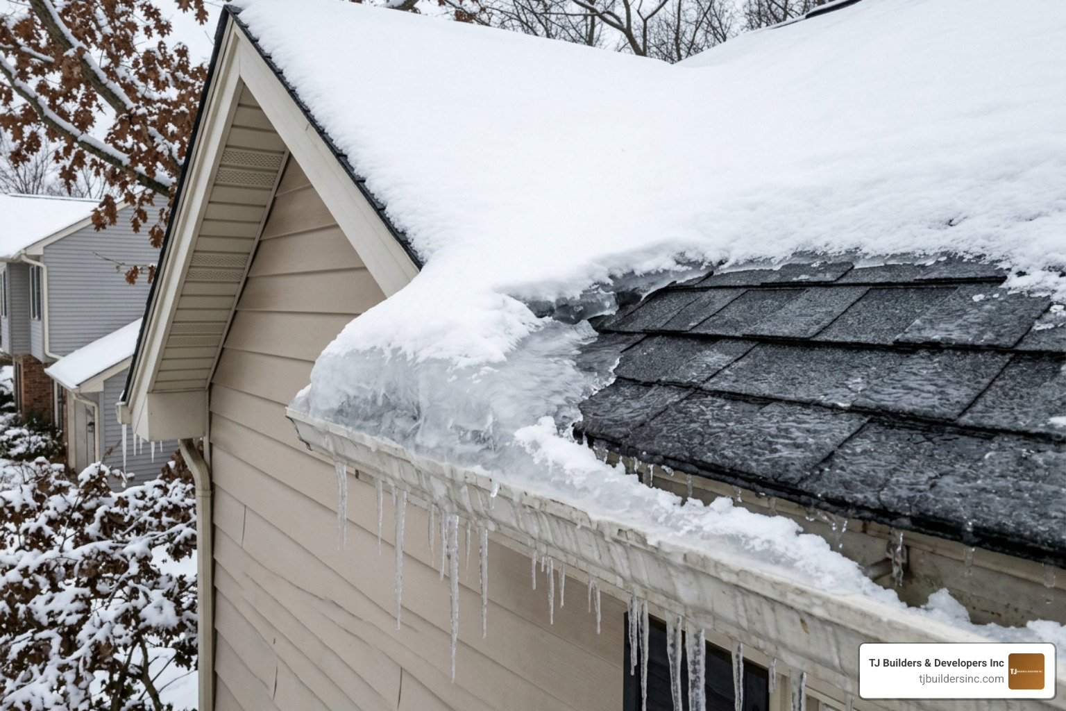 Ice dam forming at a cold roof eave, causing water to back up under shingles