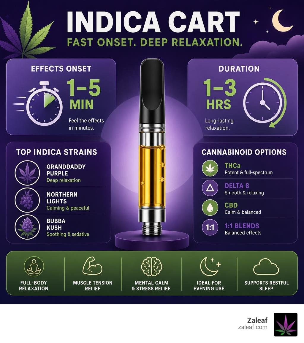 Infographic showing indica cart effects onset at 1-5 min, duration 1-3 hrs, top strains, and cannabinoid options infographic
