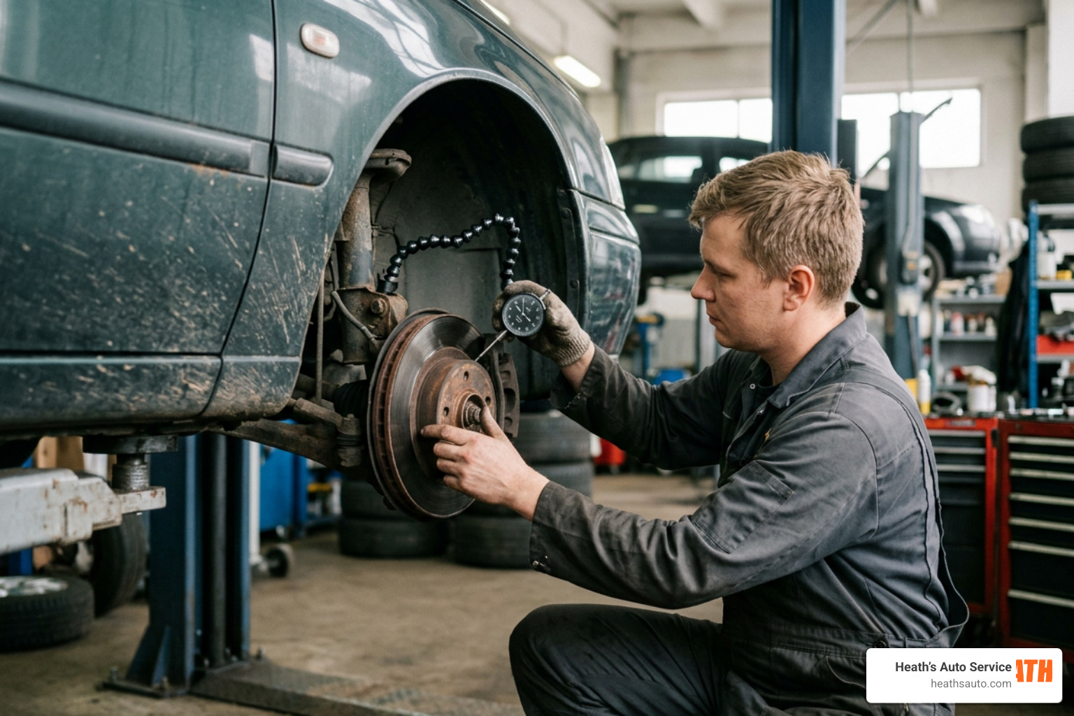 mechanic measuring brake rotor runout with a dial indicator mechanic measuring brake rotor runout with a dial indicator