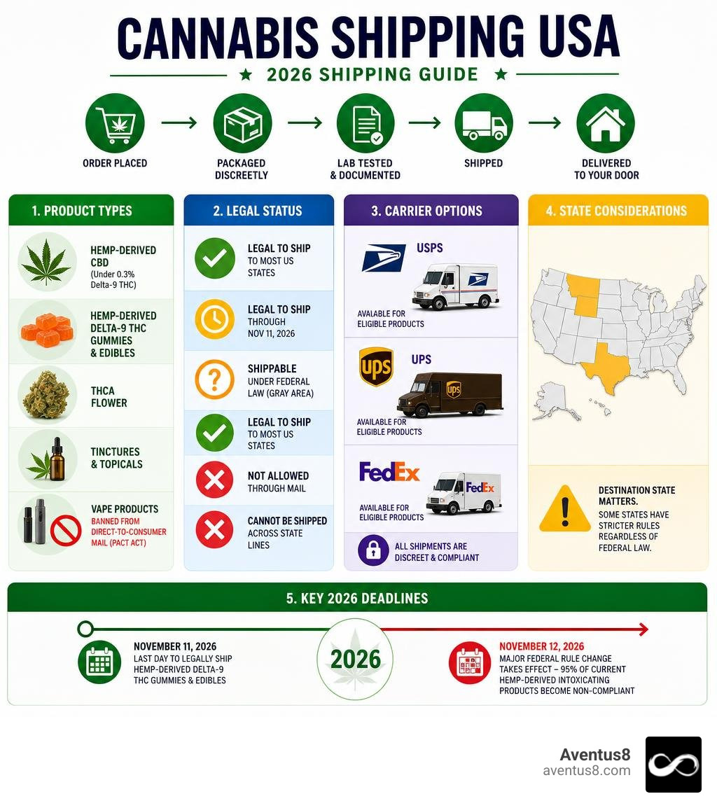 Infographic showing 2026 cannabis shipping process: product types, legal status, carrier options, and key deadlines Infographic showing 2026 cannabis shipping process: product types, legal status, carrier options, and key deadlines