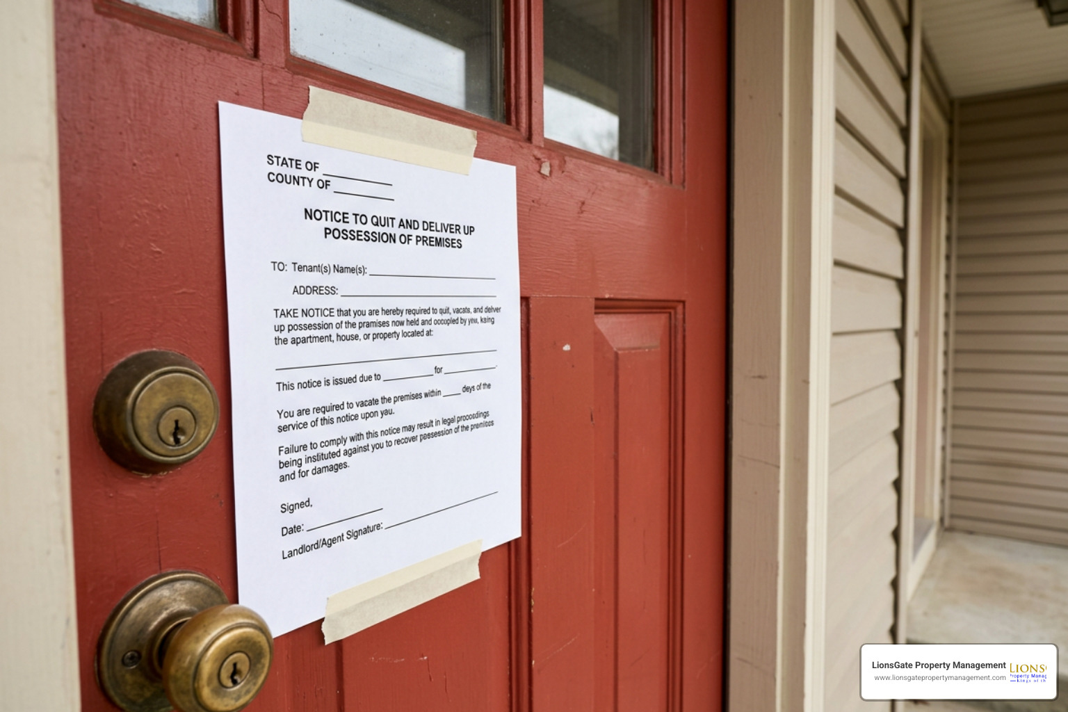 A formal written notice posted on a rental property door A formal written notice posted on a rental property door