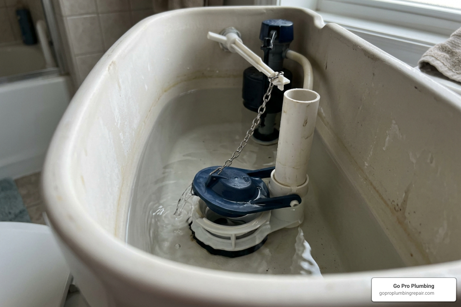 A misaligned toilet flapper preventing a watertight seal A misaligned toilet flapper preventing a watertight seal