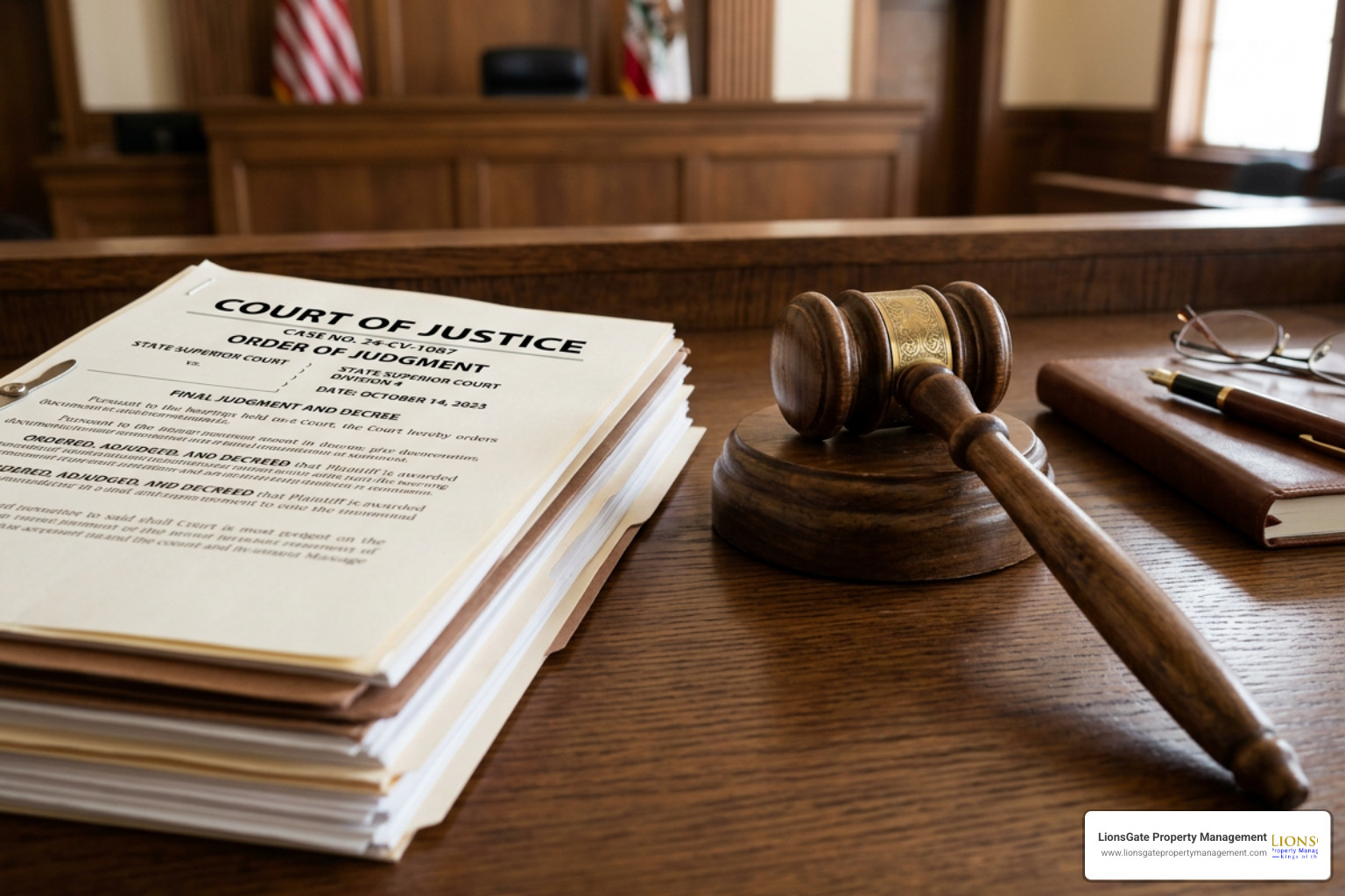 Court documents lying on a desk next to a wooden gavel Court documents lying on a desk next to a wooden gavel