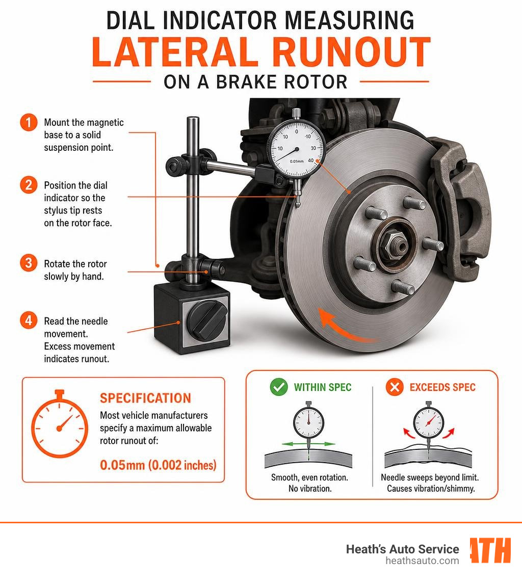 Dial indicator measuring lateral runout on a brake rotor infographic Dial indicator measuring lateral runout on a brake rotor infographic