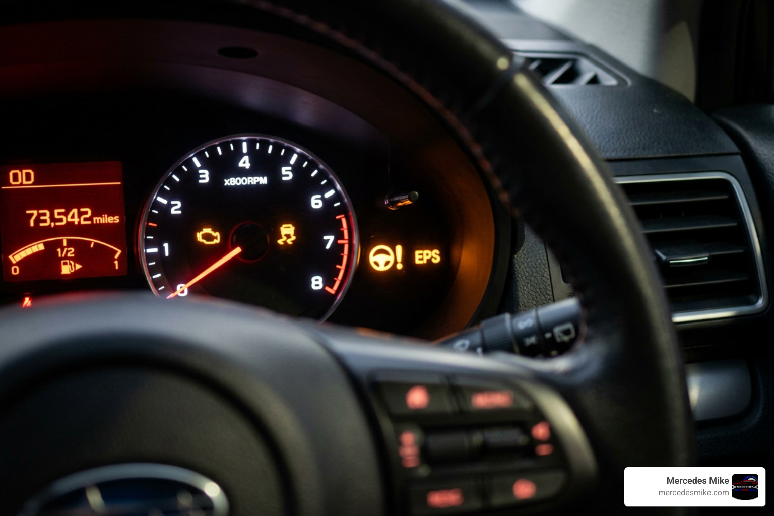 Dashboard displaying an EPS warning light Dashboard displaying an EPS warning light