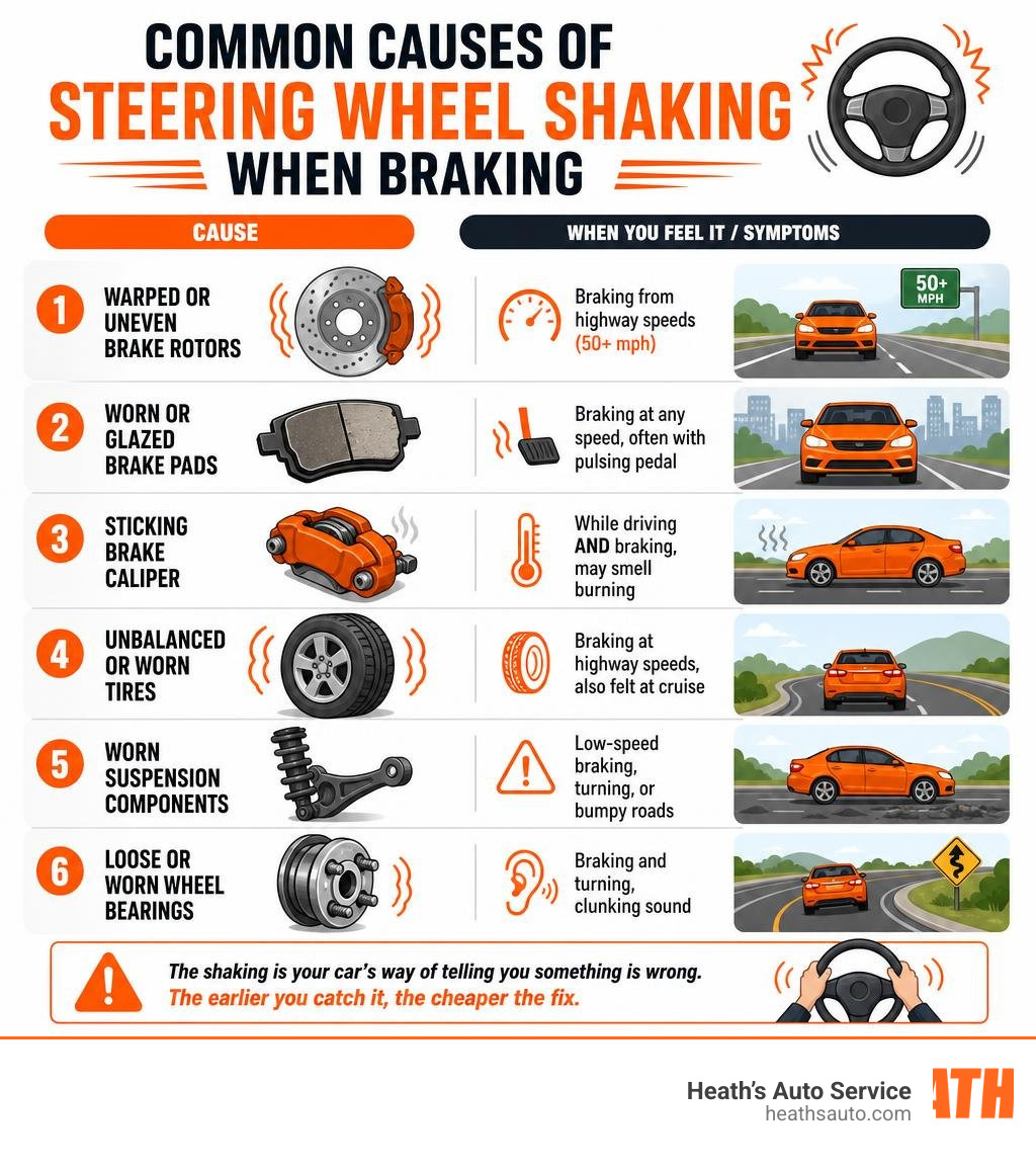 Common causes of steering wheel shaking when braking with symptom comparison infographic Common causes of steering wheel shaking when braking with symptom comparison infographic