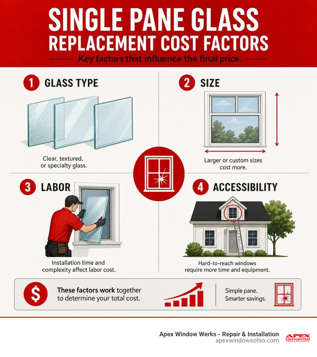Infographic showing single pane glass replacement cost factors: glass type, size, labor, and accessibility infographic