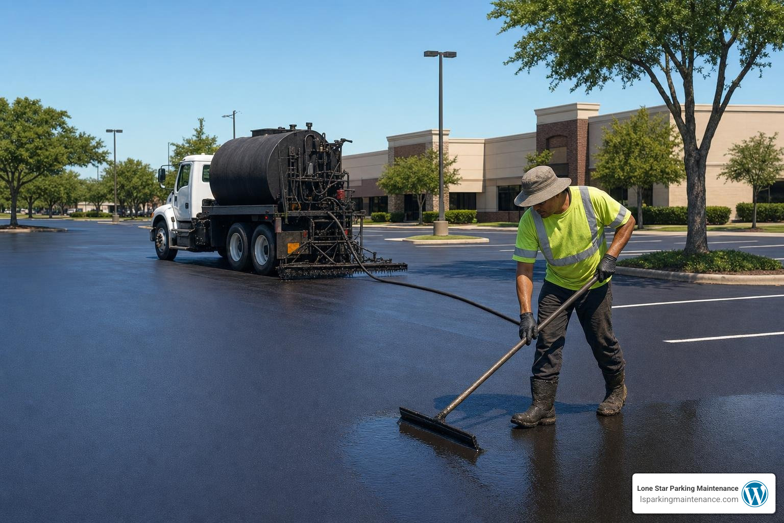 Applying asphalt sealcoat on a commercial parking lot in Dallas Applying asphalt sealcoat on a commercial parking lot in Dallas