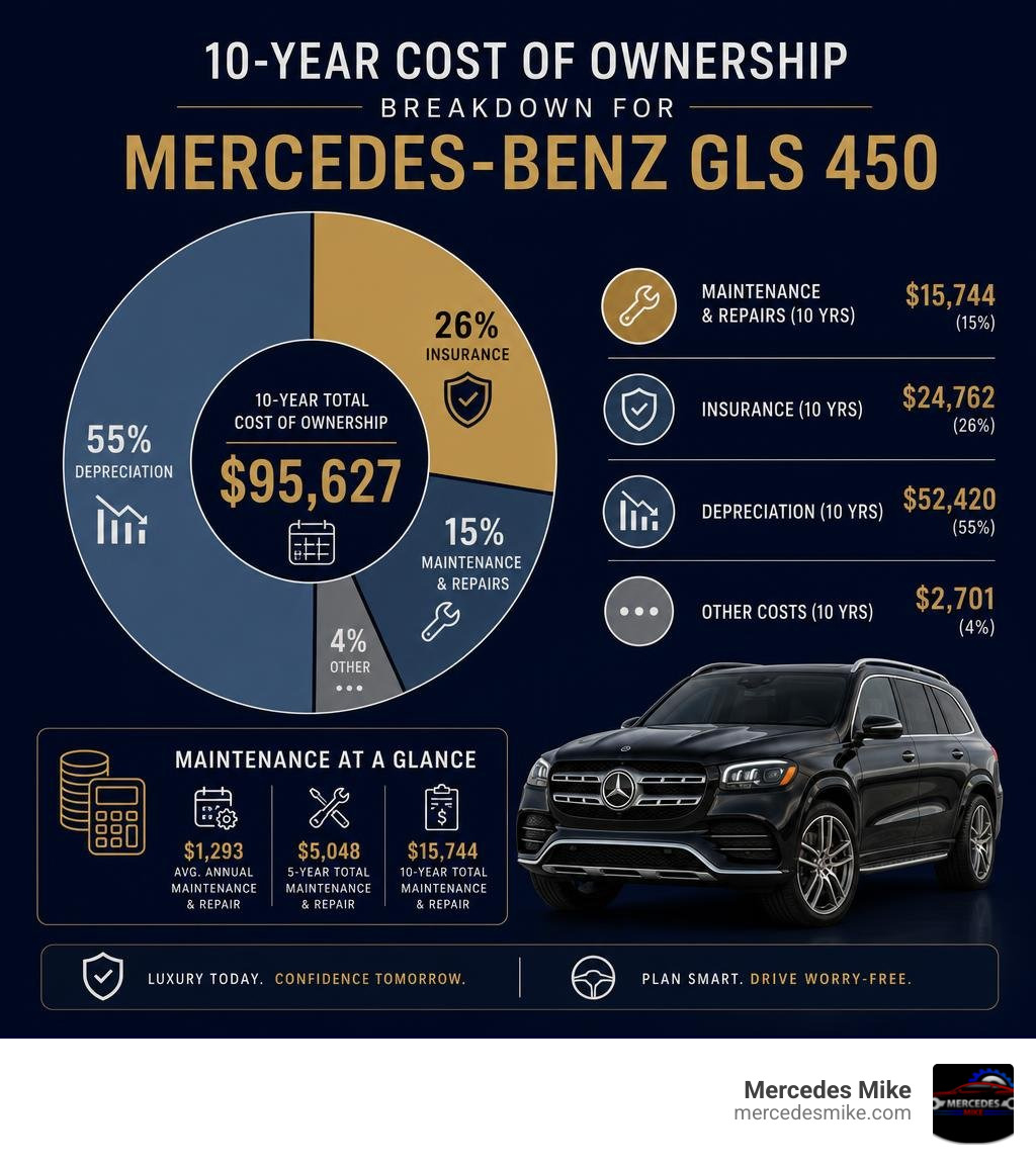 10-year cost of ownership breakdown for Mercedes-Benz GLS 450 including maintenance, depreciation, insurance infographic