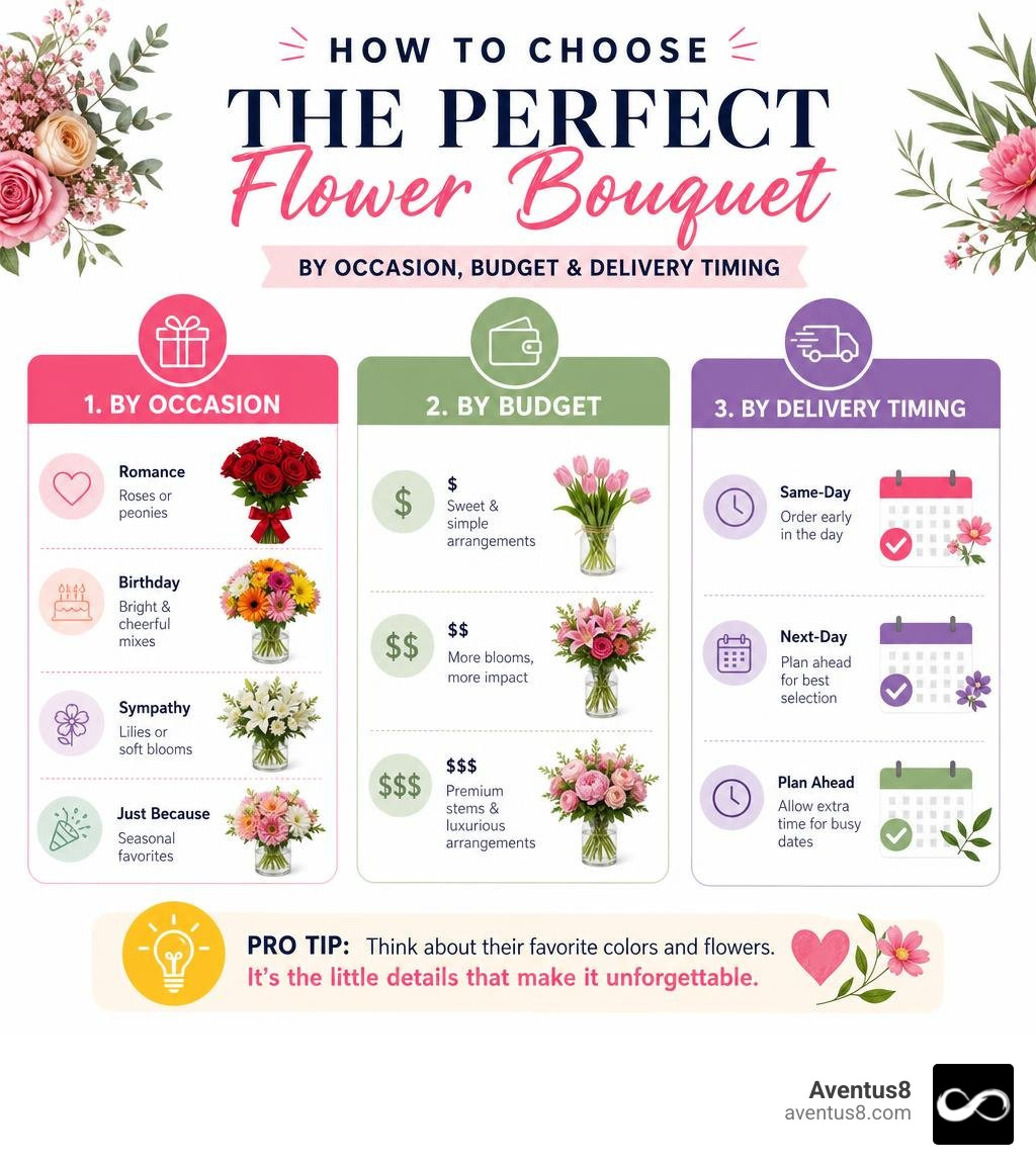 Infographic showing how to choose the perfect flower bouquet by occasion, budget, and delivery timing infographic Infographic showing how to choose the perfect flower bouquet by occasion, budget, and delivery timing infographic
