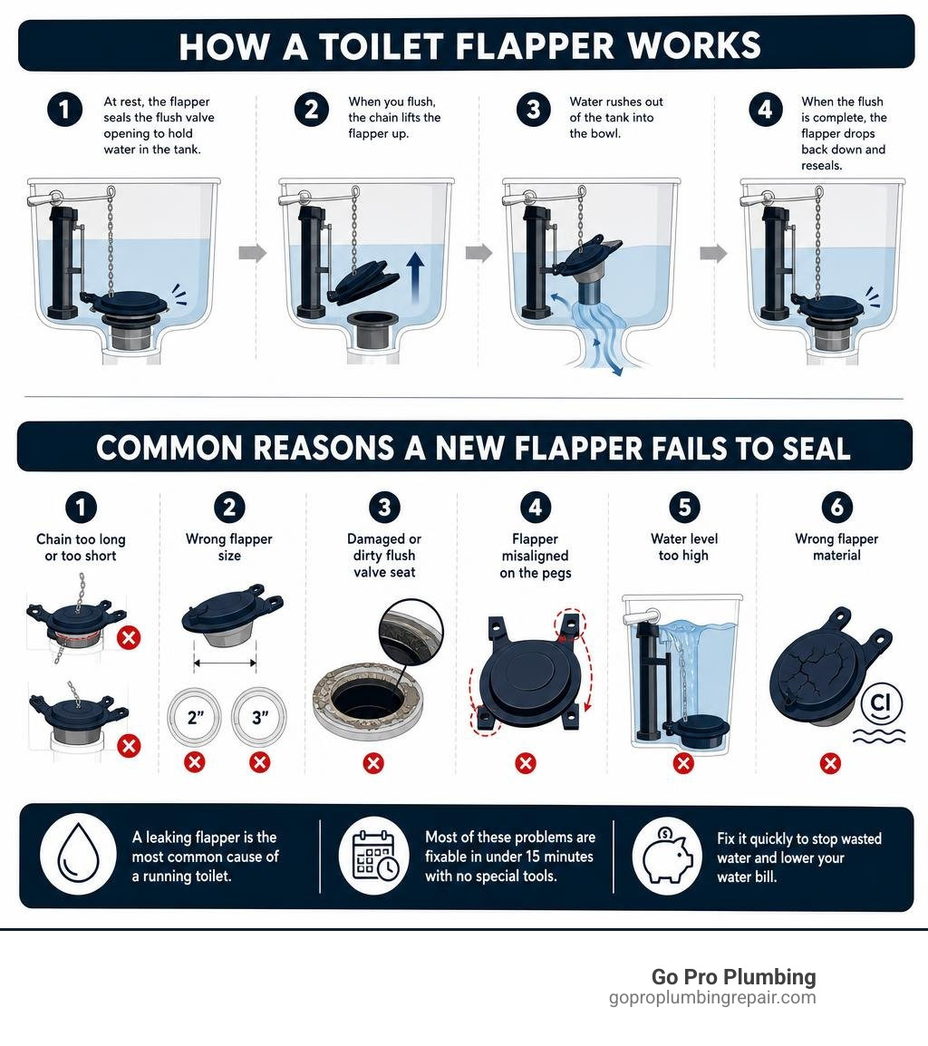 How a toilet flapper works and common reasons a new flapper fails to seal infographic How a toilet flapper works and common reasons a new flapper fails to seal infographic