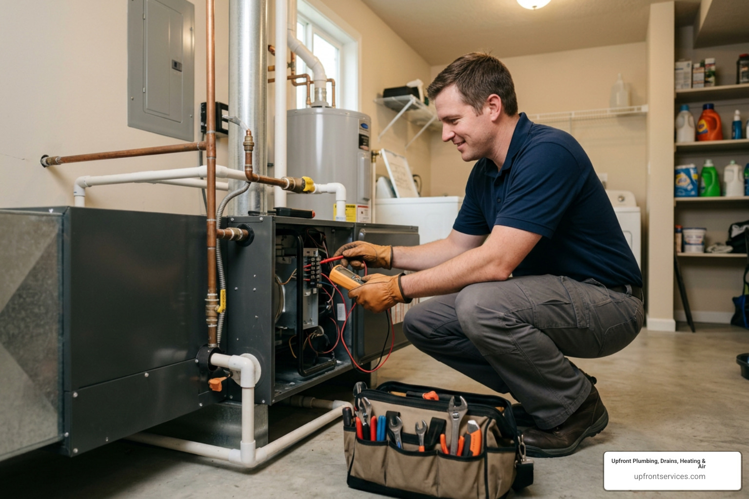 technician servicing a residential furnace