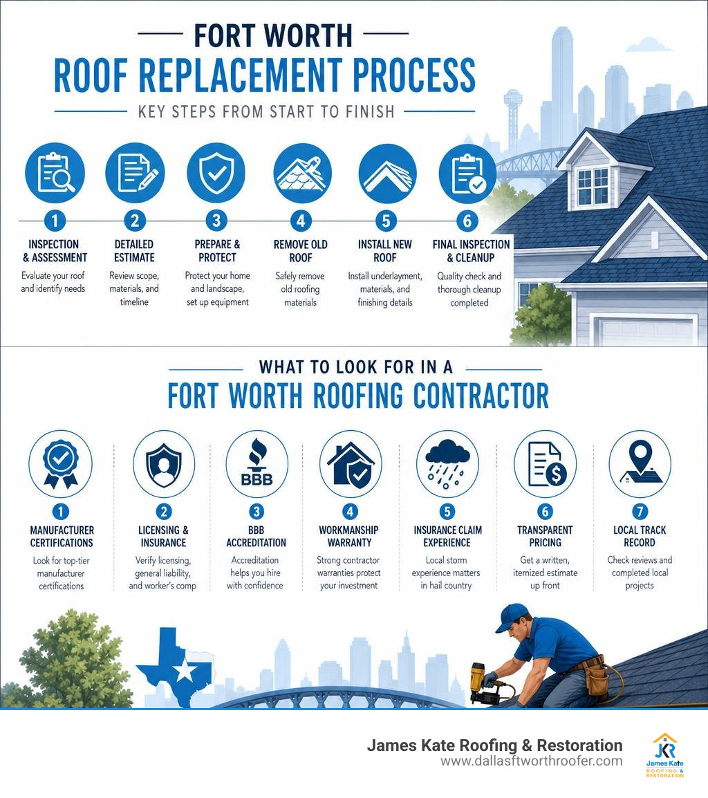 Infographic showing key steps in the Fort Worth roof replacement process and what to look for in a contractor infographic Infographic showing key steps in the Fort Worth roof replacement process and what to look for in a contractor infographic