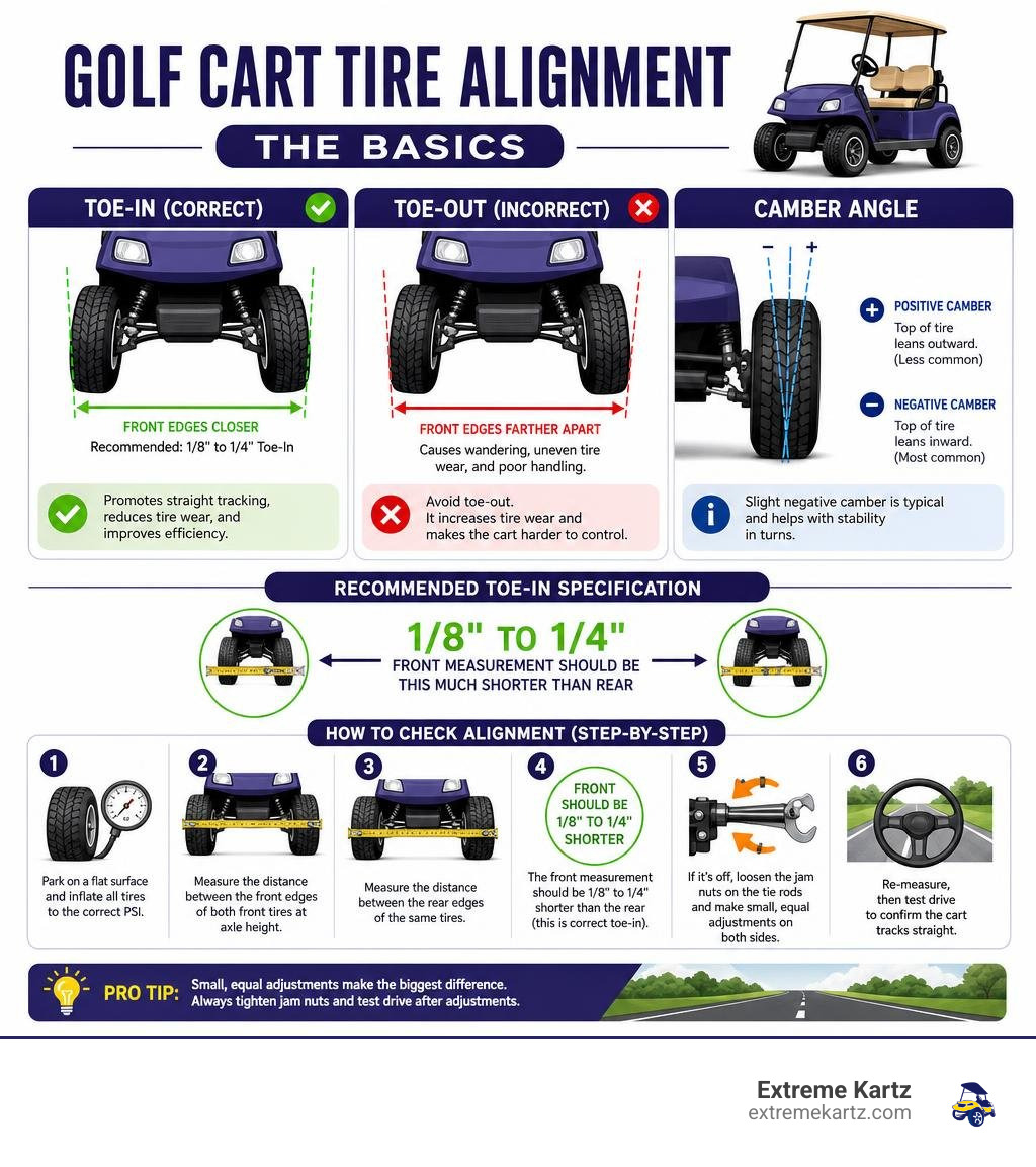 Infographic showing golf cart tire alignment basics: toe-in vs toe-out, camber angle, and recommended 1/8 to 1/4 inch toe-in Infographic showing golf cart tire alignment basics: toe-in vs toe-out, camber angle, and recommended 1/8 to 1/4 inch toe-in