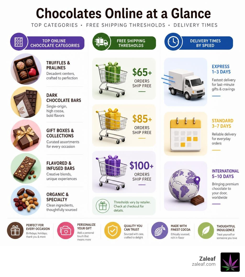 Infographic showing top online chocolate categories, free shipping thresholds, and delivery times by brand infographic Infographic showing top online chocolate categories, free shipping thresholds, and delivery times by brand infographic