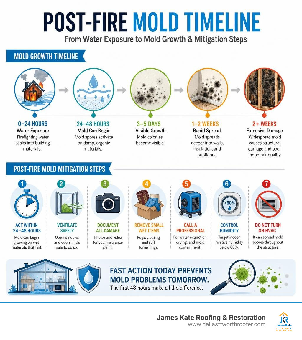 Post-fire mold timeline infographic from water exposure to mold growth stages and mitigation steps infographic Post-fire mold timeline infographic from water exposure to mold growth stages and mitigation steps infographic