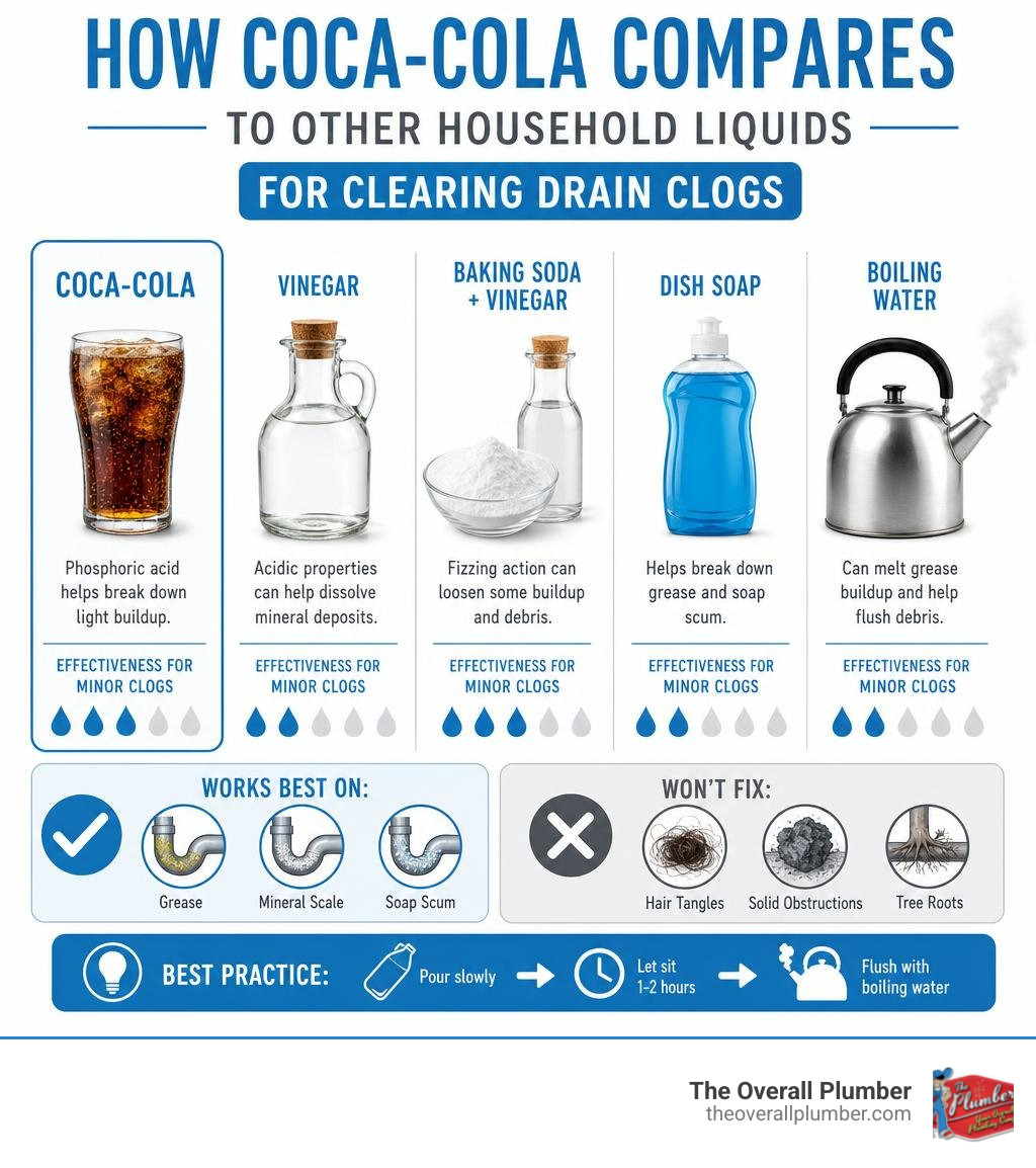 Infographic: How Coca-Cola compares to other household liquids for clearing drain clogs infographic Infographic: How Coca-Cola compares to other household liquids for clearing drain clogs infographic