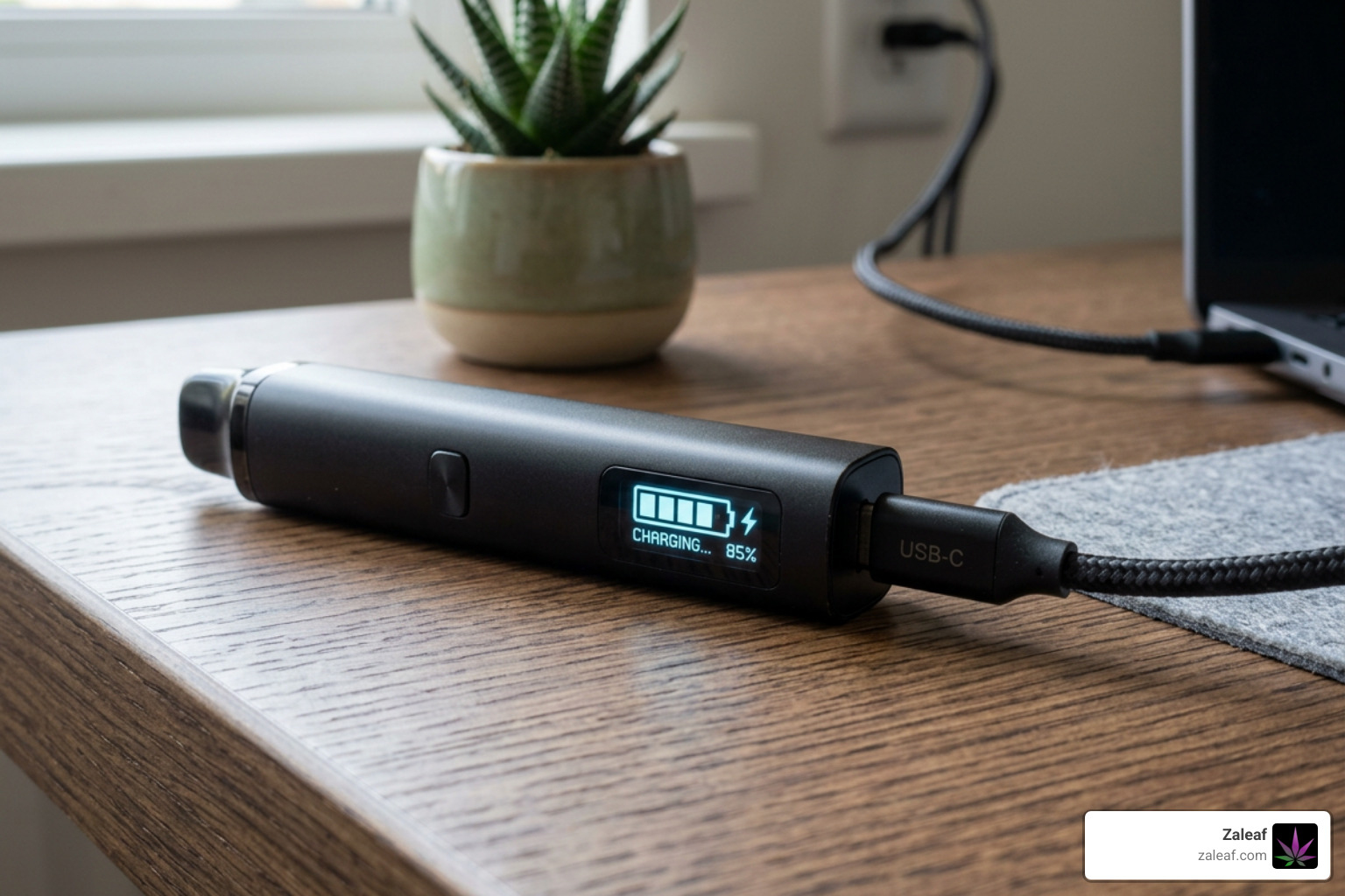 vape pen charging via USB-C showing battery indicator vape pen charging via USB-C showing battery indicator