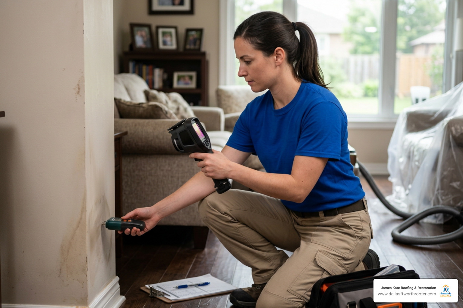 James Kate solar technician wearing a royal blue shirt using moisture mapping tools in a home James Kate solar technician wearing a royal blue shirt using moisture mapping tools in a home
