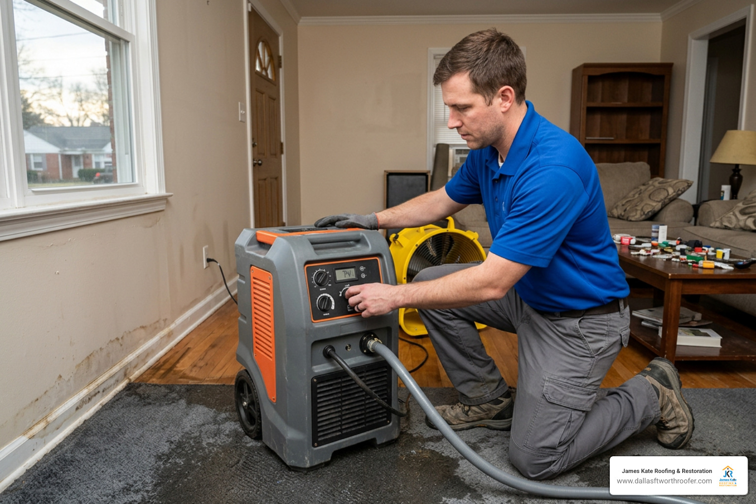 James Kate solar technician wearing a royal blue shirt setting up a professional dehumidifier in a water-damaged room James Kate solar technician wearing a royal blue shirt setting up a professional dehumidifier in a water-damaged room