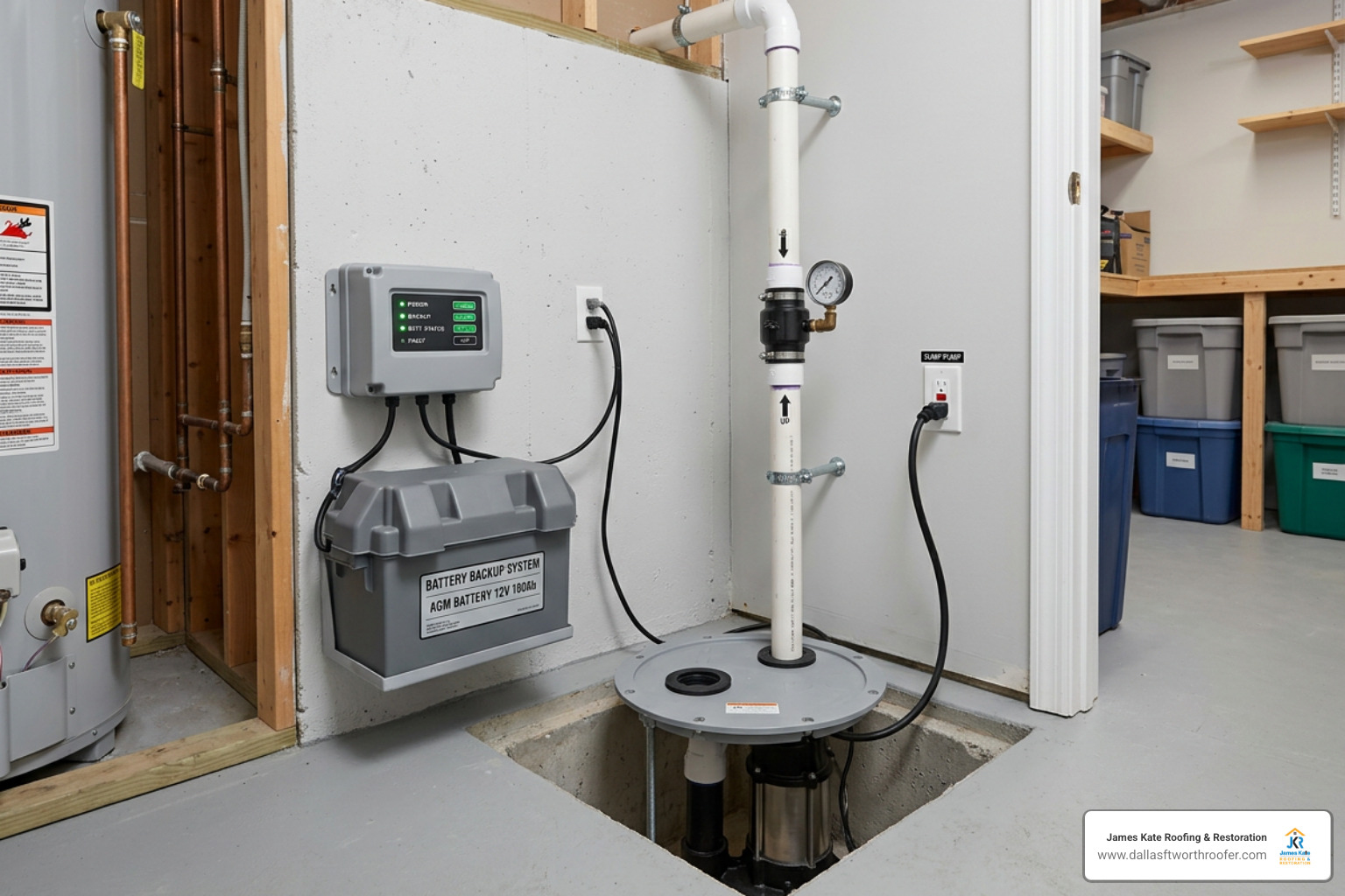 A newly installed sump pump with a clean battery backup system in a dry utility closet A newly installed sump pump with a clean battery backup system in a dry utility closet
