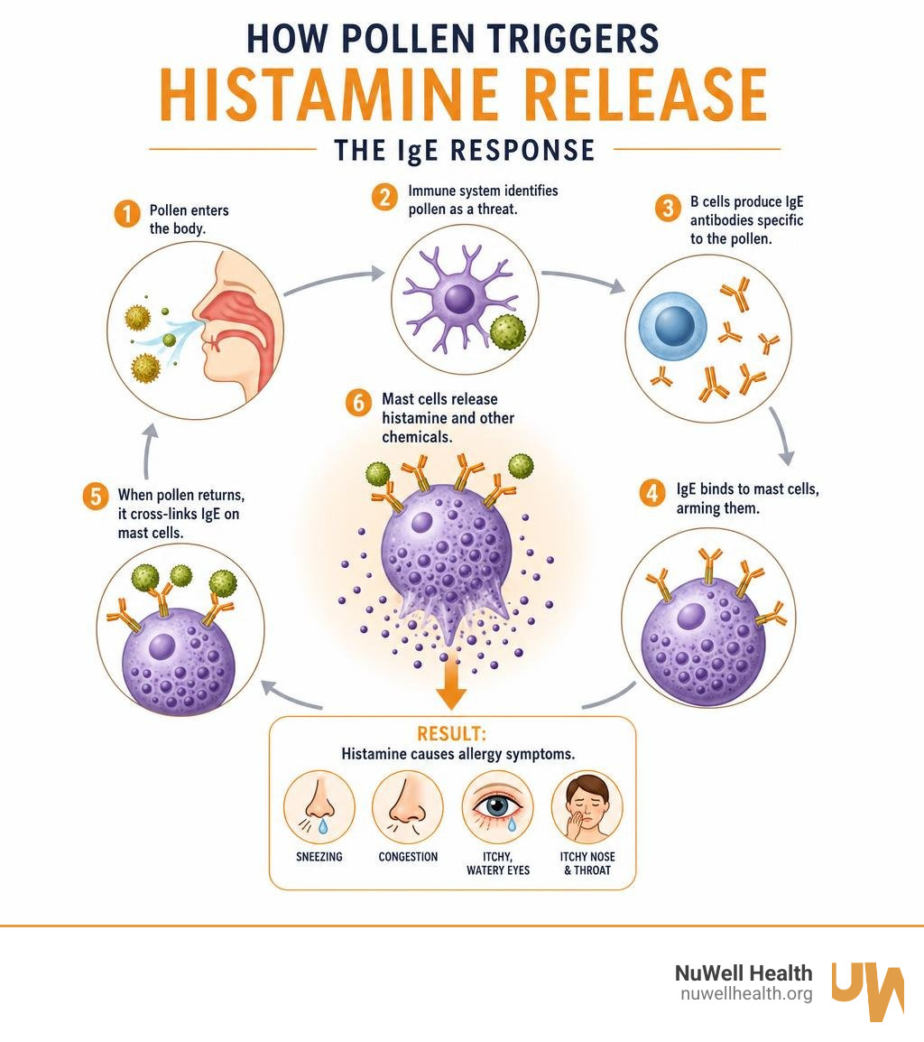 How pollen triggers histamine release in the body — infographic showing IgE response infographic How pollen triggers histamine release in the body — infographic showing IgE response infographic