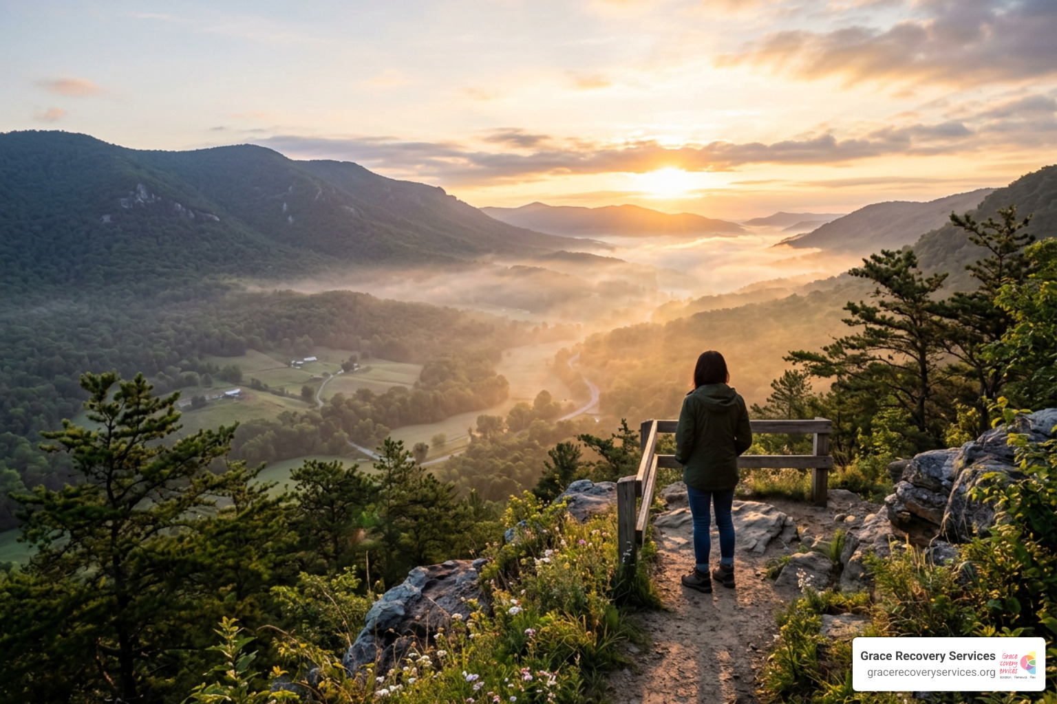 A beautiful, hopeful sunrise over a peaceful valley representing a fresh start in recovery A beautiful, hopeful sunrise over a peaceful valley representing a fresh start in recovery