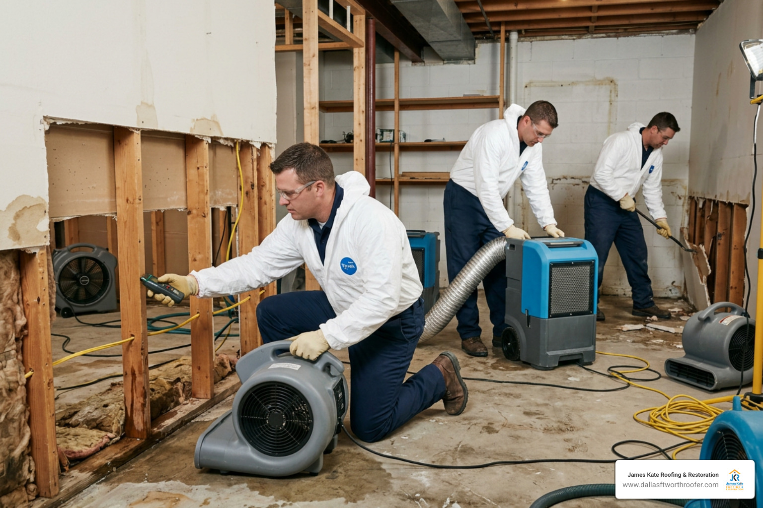 James Kate team member in a royal blue shirt operating a professional water extraction machine in a damp lower level James Kate team member in a royal blue shirt operating a professional water extraction machine in a damp lower level