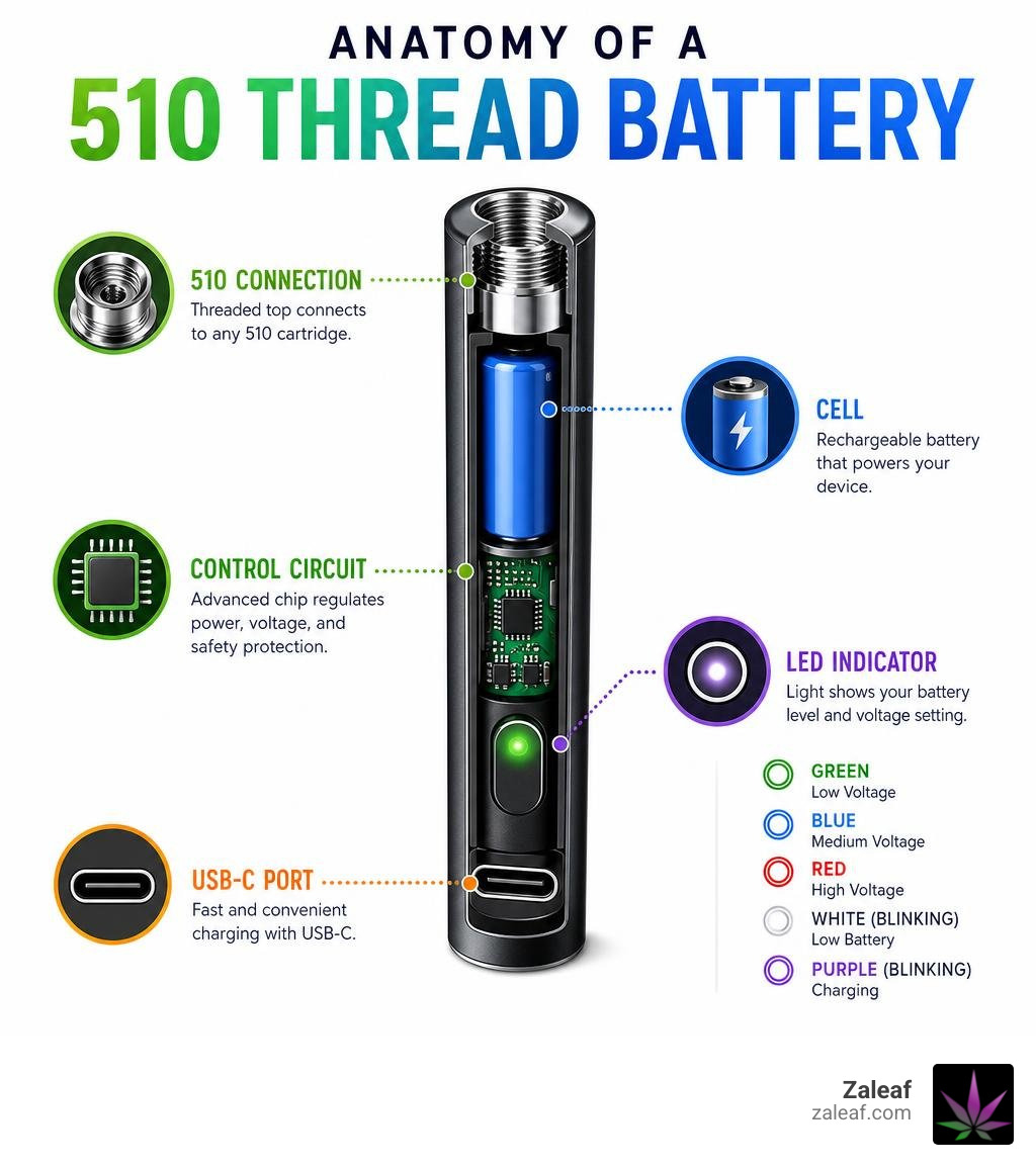 Anatomy of a 510 thread battery: cell, control circuit, 510 connection, LED indicator, USB-C port infographic Anatomy of a 510 thread battery: cell, control circuit, 510 connection, LED indicator, USB-C port infographic
