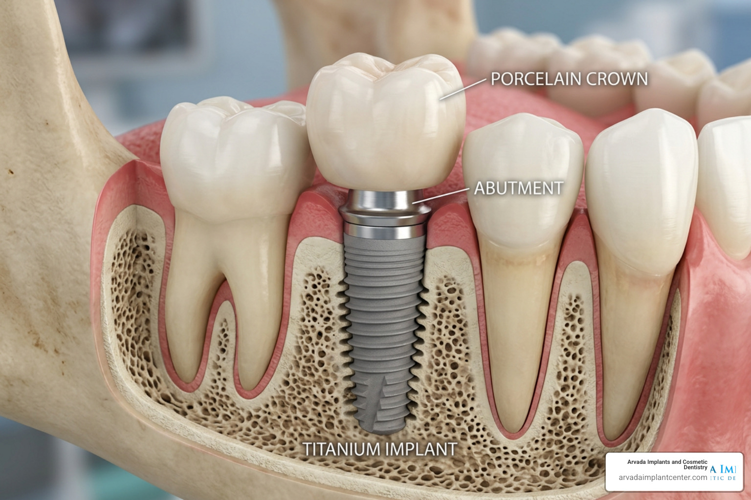 Cross-section of a dental implant showing titanium post, abutment, and crown