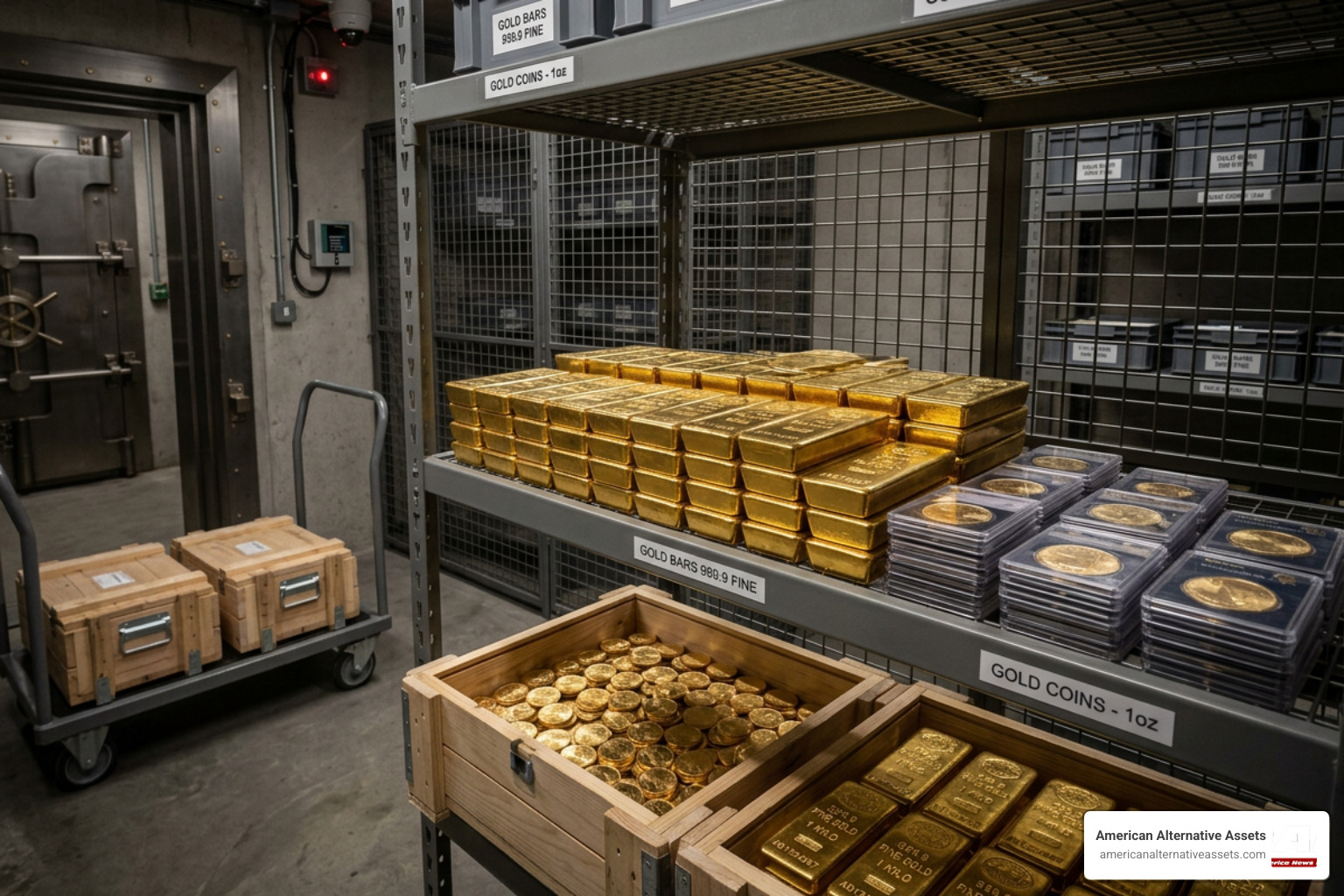 physical gold bars and coins stored in a secure depository