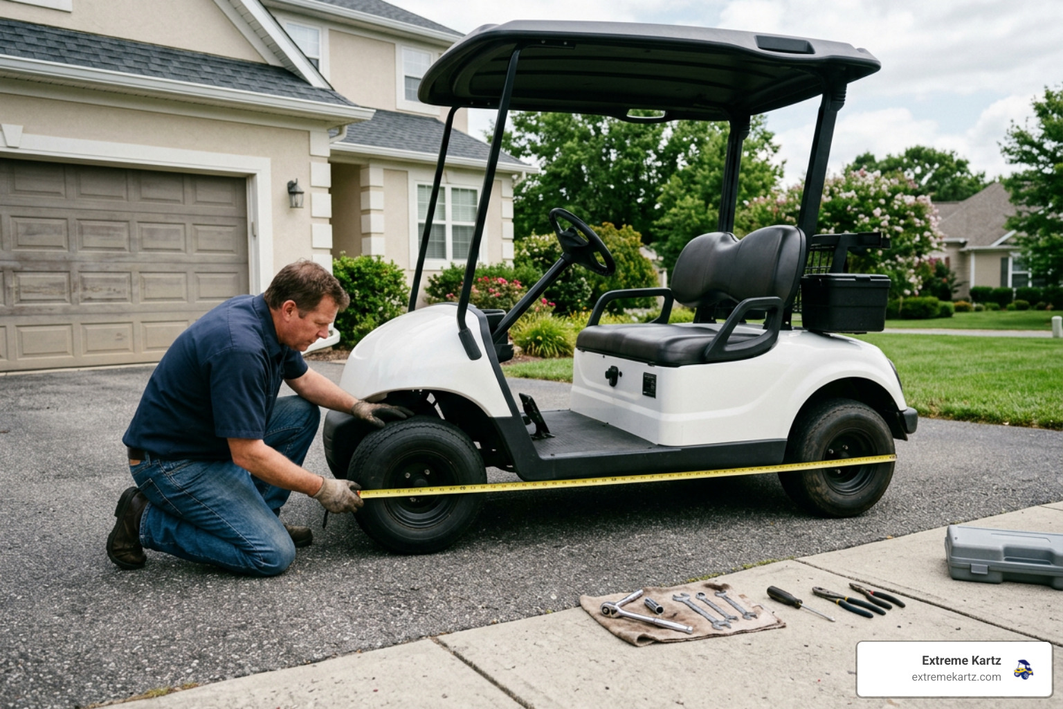 golf cart tire wheel alignment on driveway with tape measure and tools nearby golf cart tire wheel alignment on driveway with tape measure and tools nearby